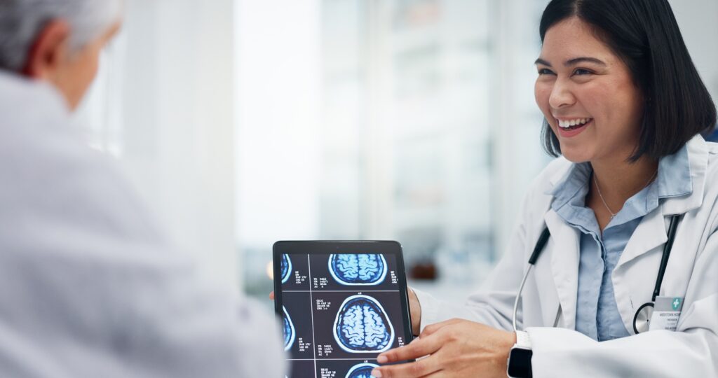 Tablet, brain x ray and consultation with neurology, happy doctor and patient with medical results